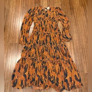 Farm Rio by Anthropologie Orange and Black Giraffe Long Sleeve Dress